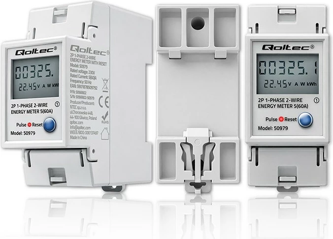 Matës konsumit energjie njëfazore Qoltec 50979, DIN TH35, 230V 60A, LCD/LED, RESET, 2P, gri