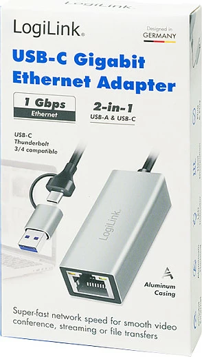 Adapter USB LogiLink USB 3.2 Gen1, USB-A/USB-C në Gigabit Ethernet, alumin, argjendtë