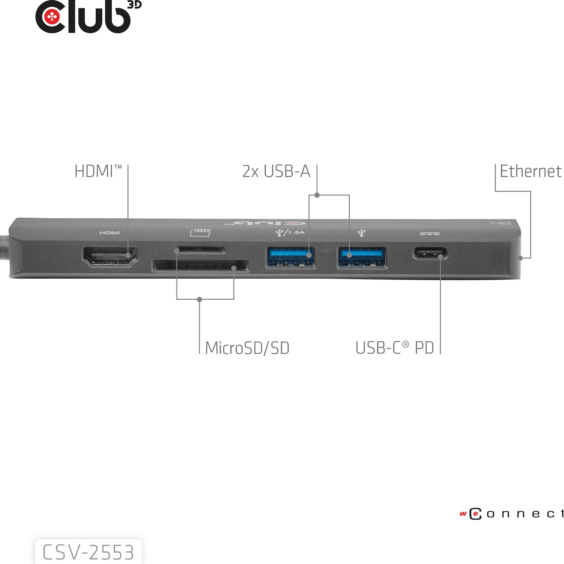 Hub USB-C Club 3D CSV-2553, 7-në-1, HDMI 4K@60Hz, RJ-45 Gigabit, 2x USB-A, USB-C PD, SD/microSD, i zi