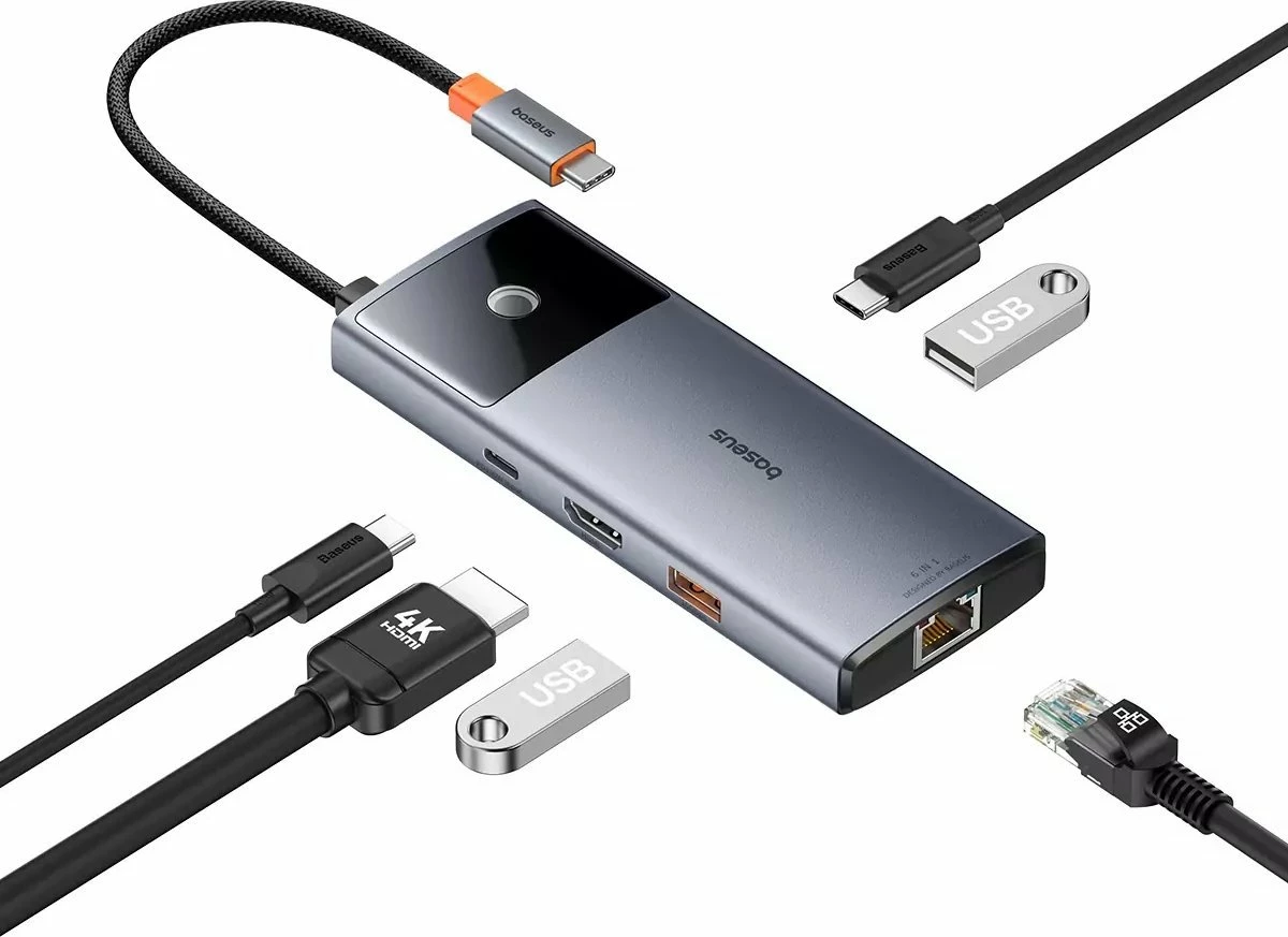 Hub USB Baseus Metal Gleam Series II 6-në-1 USB-C, HDMI 4K@60Hz, RJ-45 1Gbps, USB-C PD 100W, 2x USB-A 3.2 Gen2 10Gbps, gri