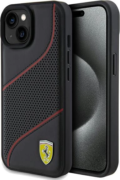 Mbështjellës Ferrari Perforated Waves Metal Logo për iPhone 15/14/13, e zezë