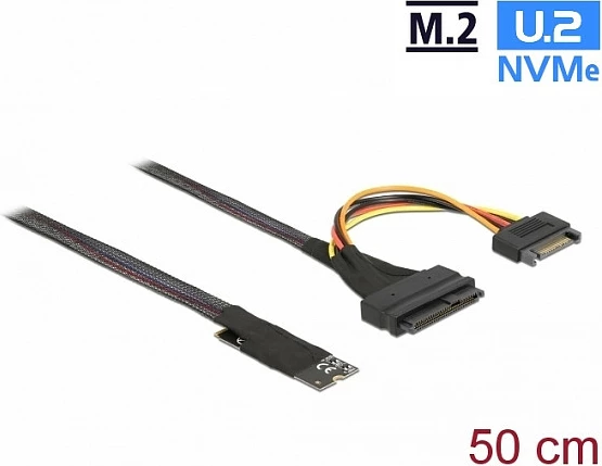 Adapter NVMe DeLOCK M.2 Key M 67-pin në U.2 SFF-8639/SATA 15-pin, kabllo 0.5 m, i zi