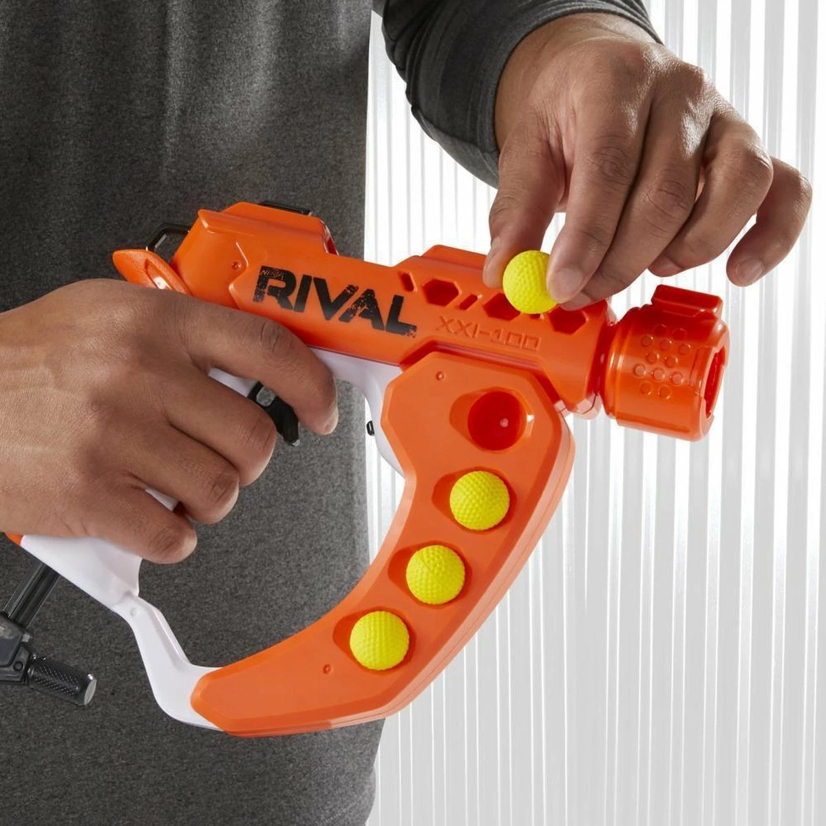 Blaster lodër Nerf Rival Curve Shot Flex XXI-100, 90 FPS, 5 toptha, portokalli/bardhë