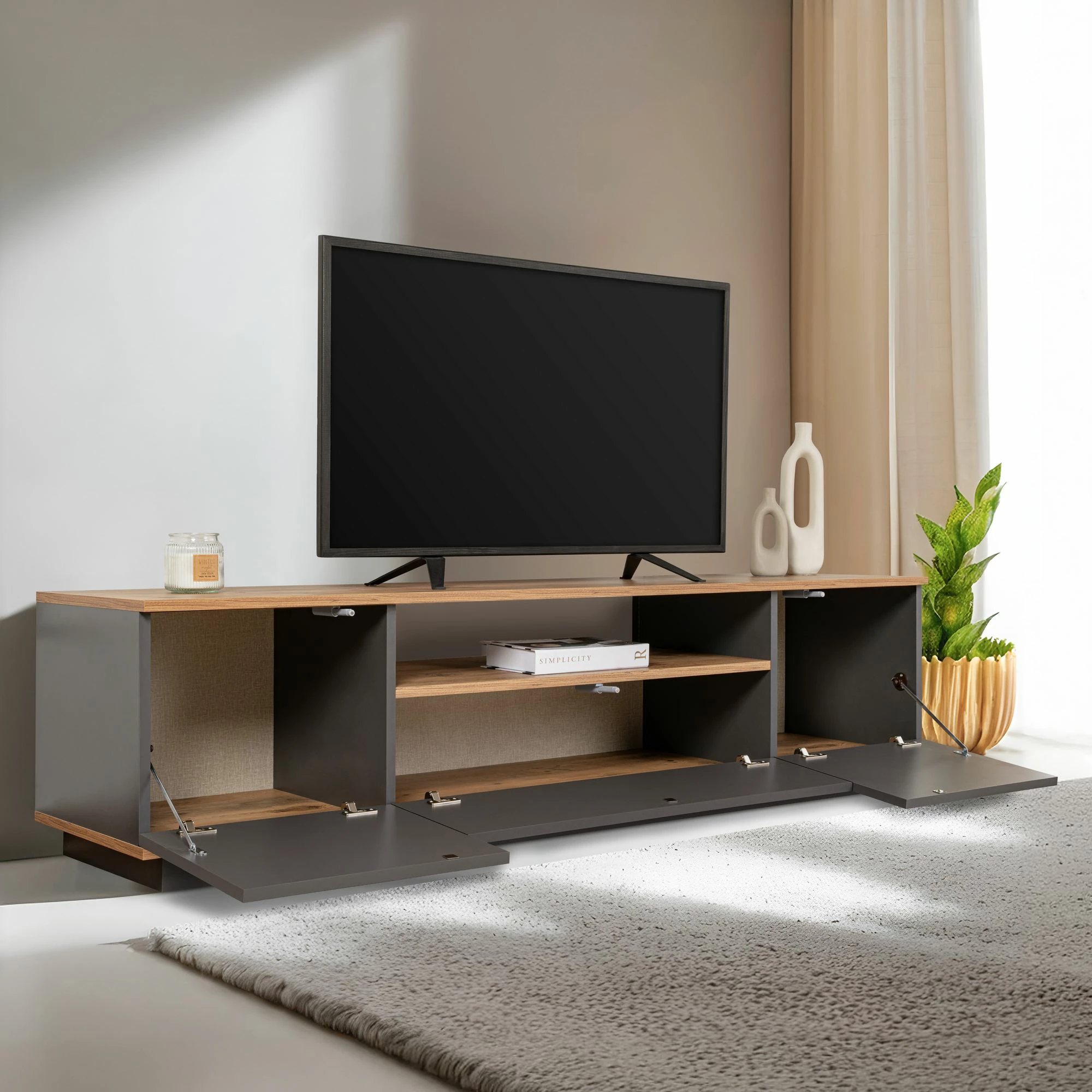 Komodë TV Skye Decor, ngjyrë antracit dhe pishë atlantike, Veramont