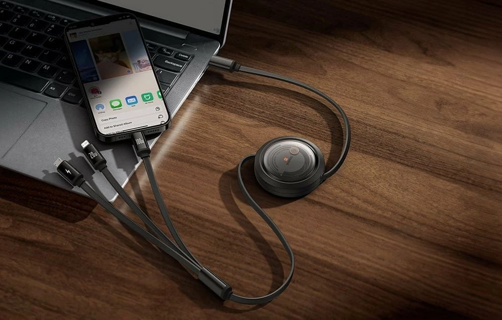 Kabllo USB Baseus Free2Draw BSU4920, USB-C në USB-C + microUSB + Lightning, 1.1 m, 100W, e zezë