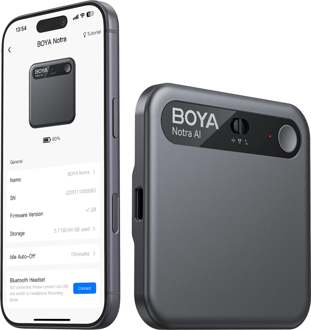 Regjistrues zëri BOYA Notra AI, 64GB, transkriptim AI, deri 24 orë, i zi, set