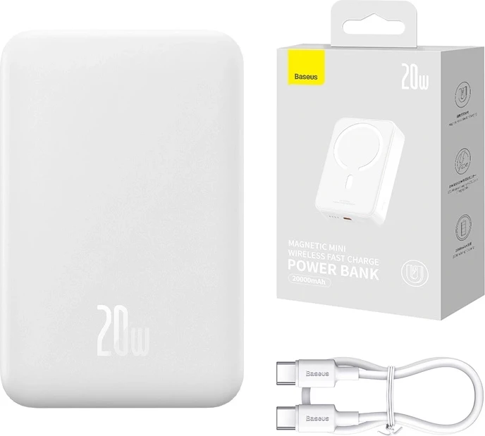 Powerbank Baseus Magnetic Mini 20000mAh, USB-C 20W, MagSafe, e bardhë