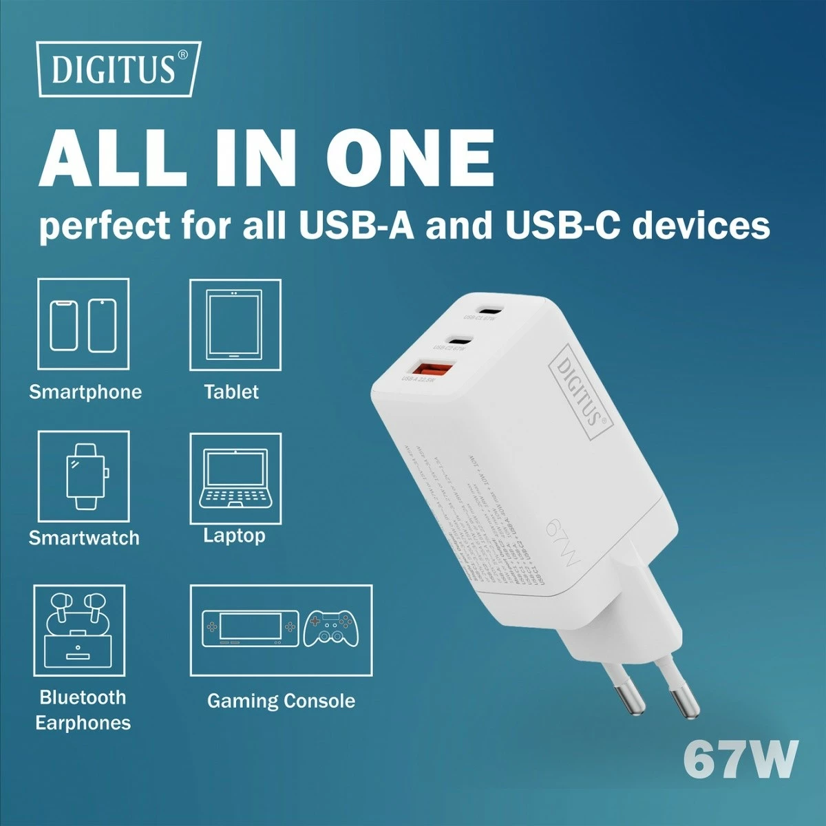 Karikues muri Digitus DA-10303 GaN II 67W, 2x USB-C, 1x USB-A, e bardhë