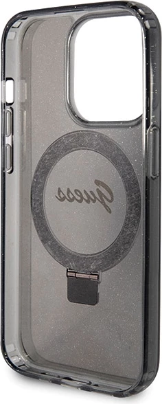 Mbështjellës Guess Ring Stand Script Glitter MagSafe për iPhone 14 Pro Max, i zi
