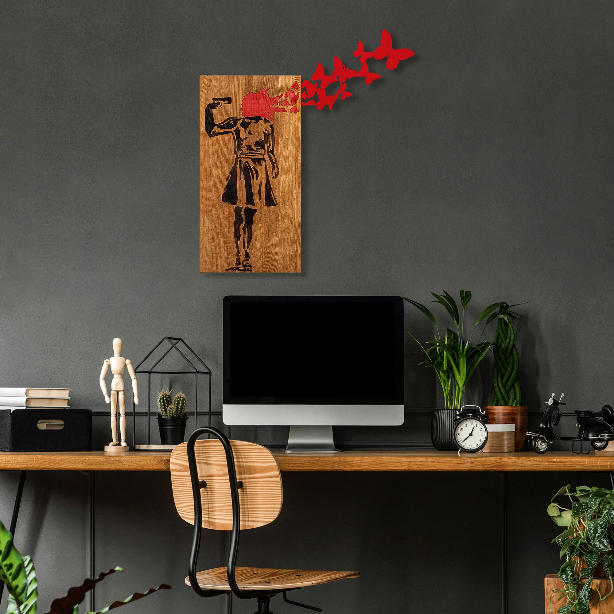Aksesor dekorativ prej druri për mur, Wallity Banksy - 16, ngjyrë arre dhe e zezë, 99x34cm