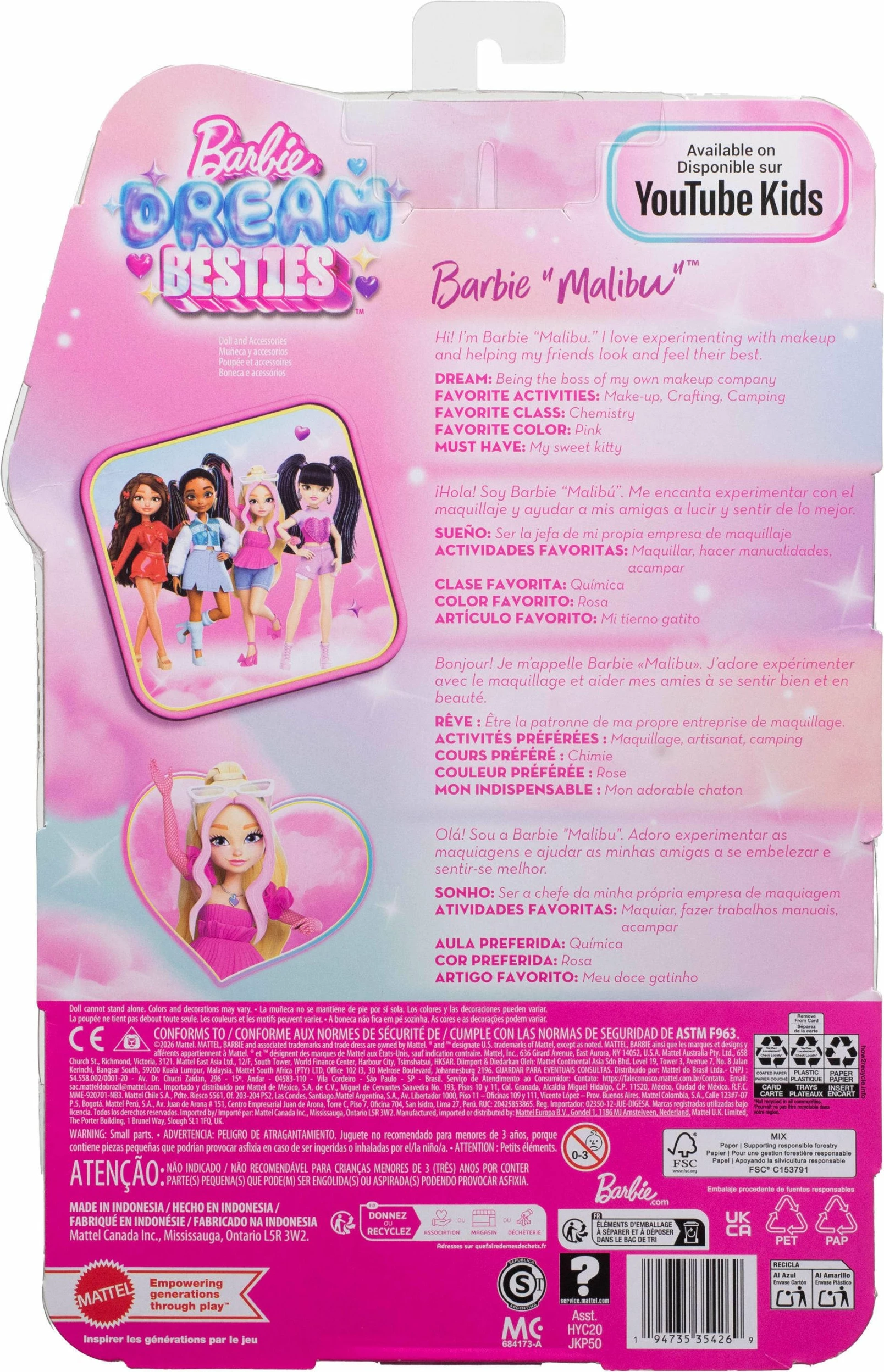 Kukull Mattel Barbie Dream Besties Malibu JKP50, rozë, set me 7 aksesorë