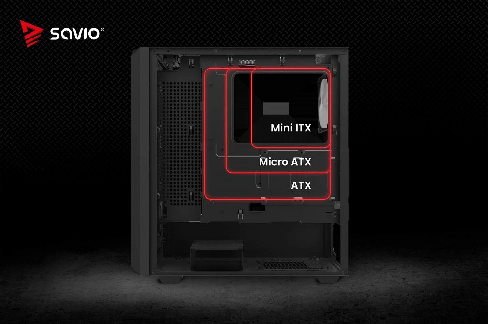 Kasë PC Savio NOCTIS GLASS RGB X1 midi tower ATX/mATX/Mini‑ITX me 4 ftohës RGB PWM, panel xhami të temperuar, filtra pluhuri, e zezë