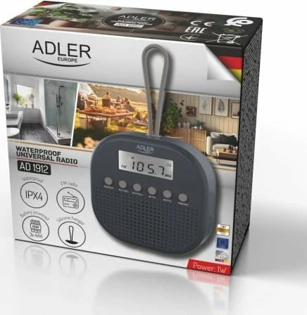 Radio FM Adler IPX4, me orë dhe 2 alarme, 3xAAA, gri