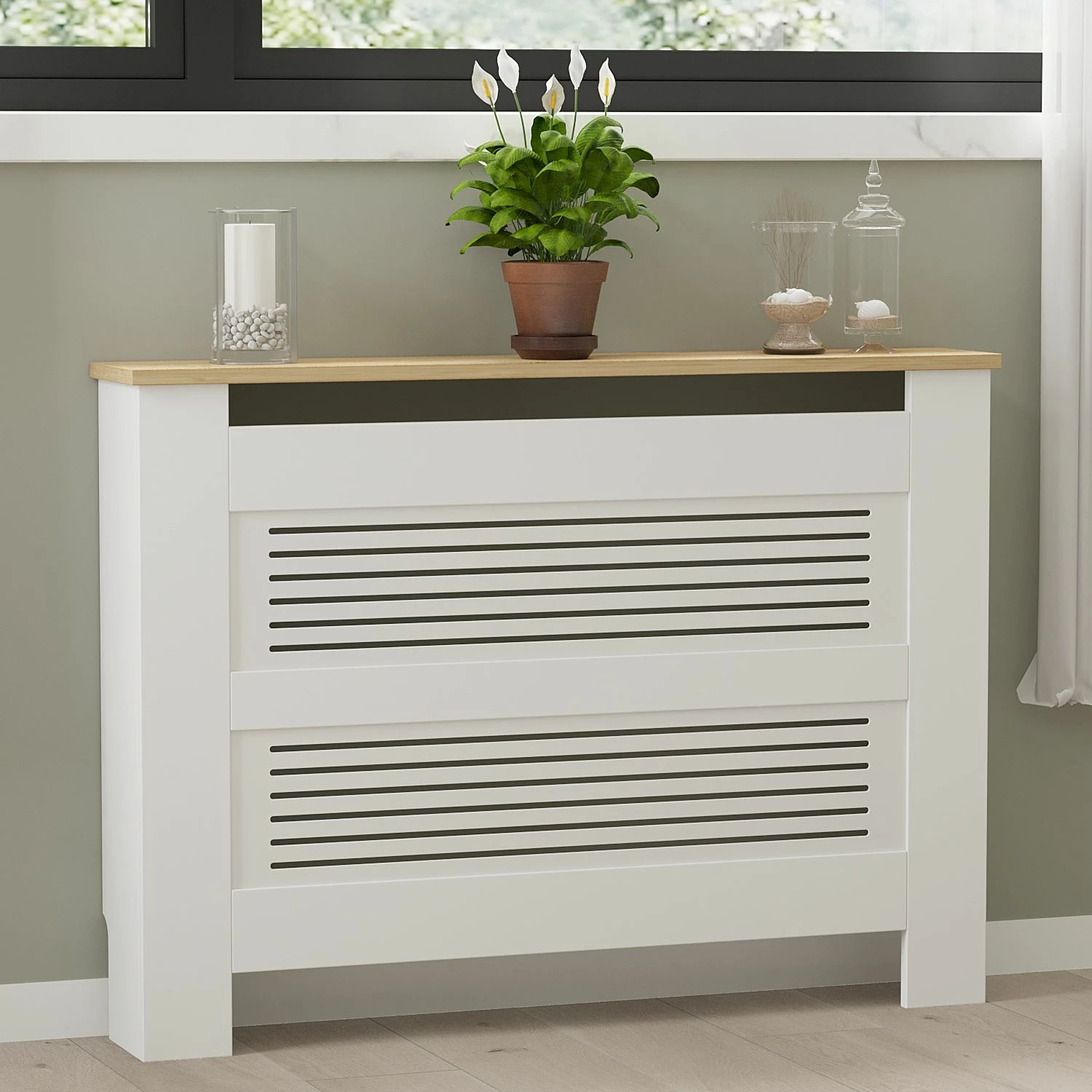 Kapak radiatorësh Skye Decor, ngjyrë lis safir dhe e bardhë