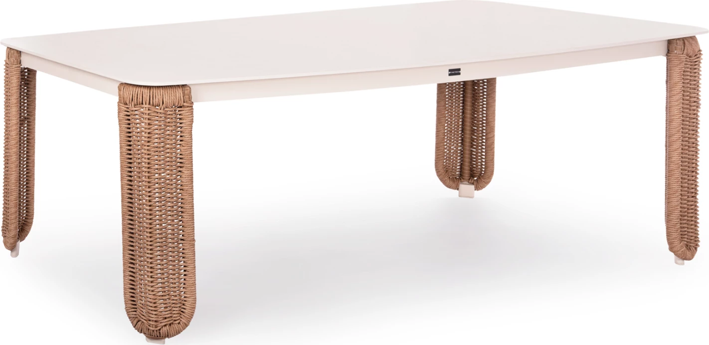 Tavolinë ngrënieje për jashtë, kornizë alumini, këmbë me litar të përdredhur, sipërfaqe prej guri të sinterizuar, ngjyrë fildishi/bezhë, 240x110x75cm