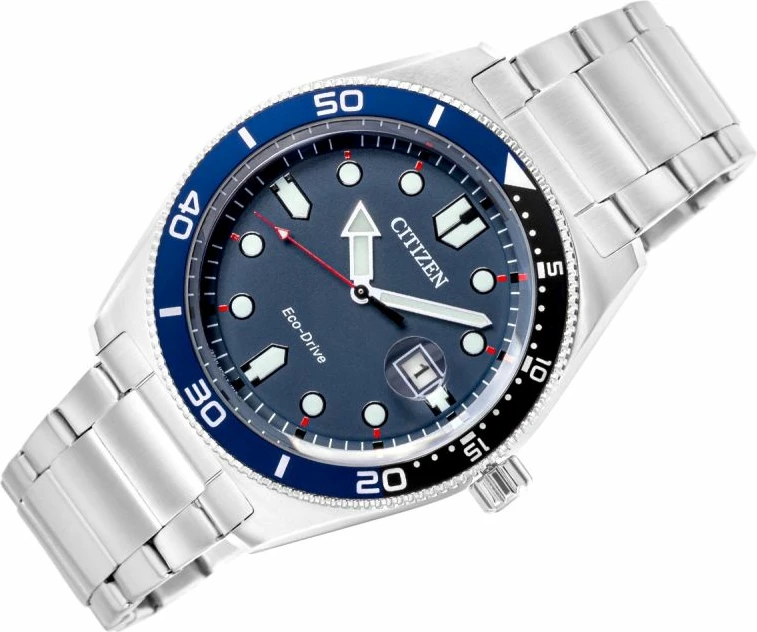 Orë dore sportive meshkuj CITIZEN Marine AW1761-89L, blu e argjendtë, set me kuti