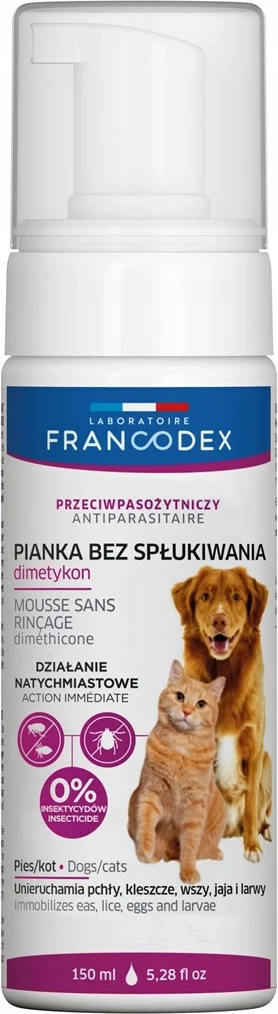 Shkumë antiparazitare FRANCODEX pa shpëlarje për qen dhe mace, 150ml