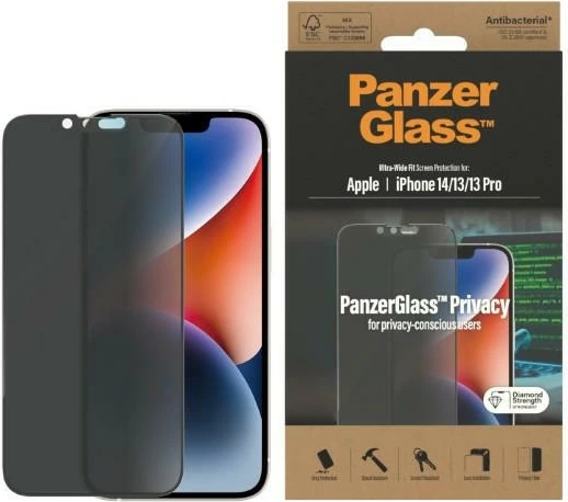 Mbrojtës ekrani PanzerGlass Ultra-Wide Fit Privacy për iPhone 14/13 Pro/13, xham i temperuar, Antibakterial