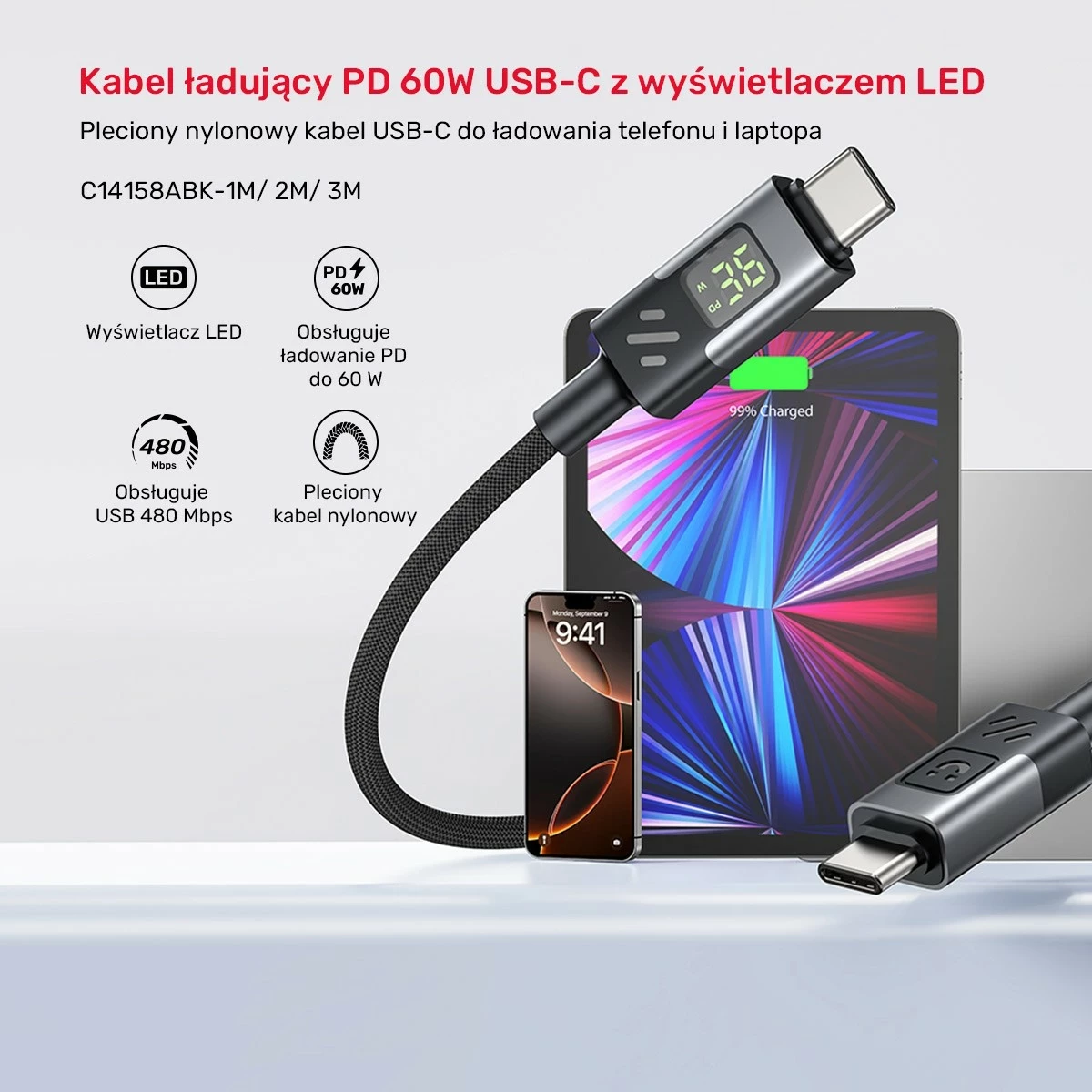 Kabëll USB-C Unitek USB-C/USB-C, 3m, 60W, me ekran, i zi