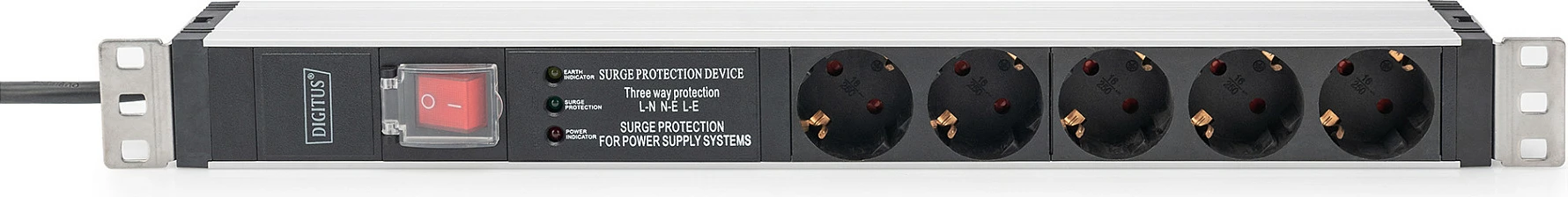 Prizë rack Digitus PDU 1U, 5 dalje, 16A, 230V, mbrojtje nga mbingarkesa, alumini