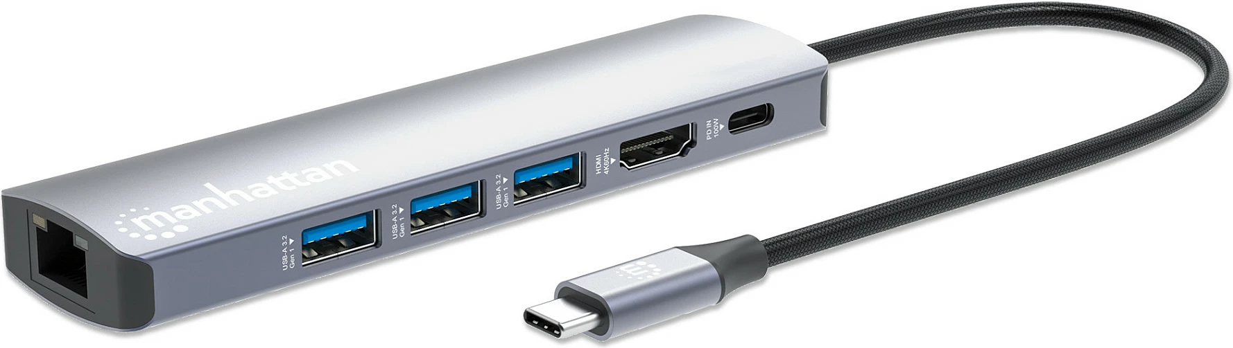 Docking station MANHATTAN 6-në-1 USB-C, 4K HDMI, 3x USB 5Gb/s, gri
