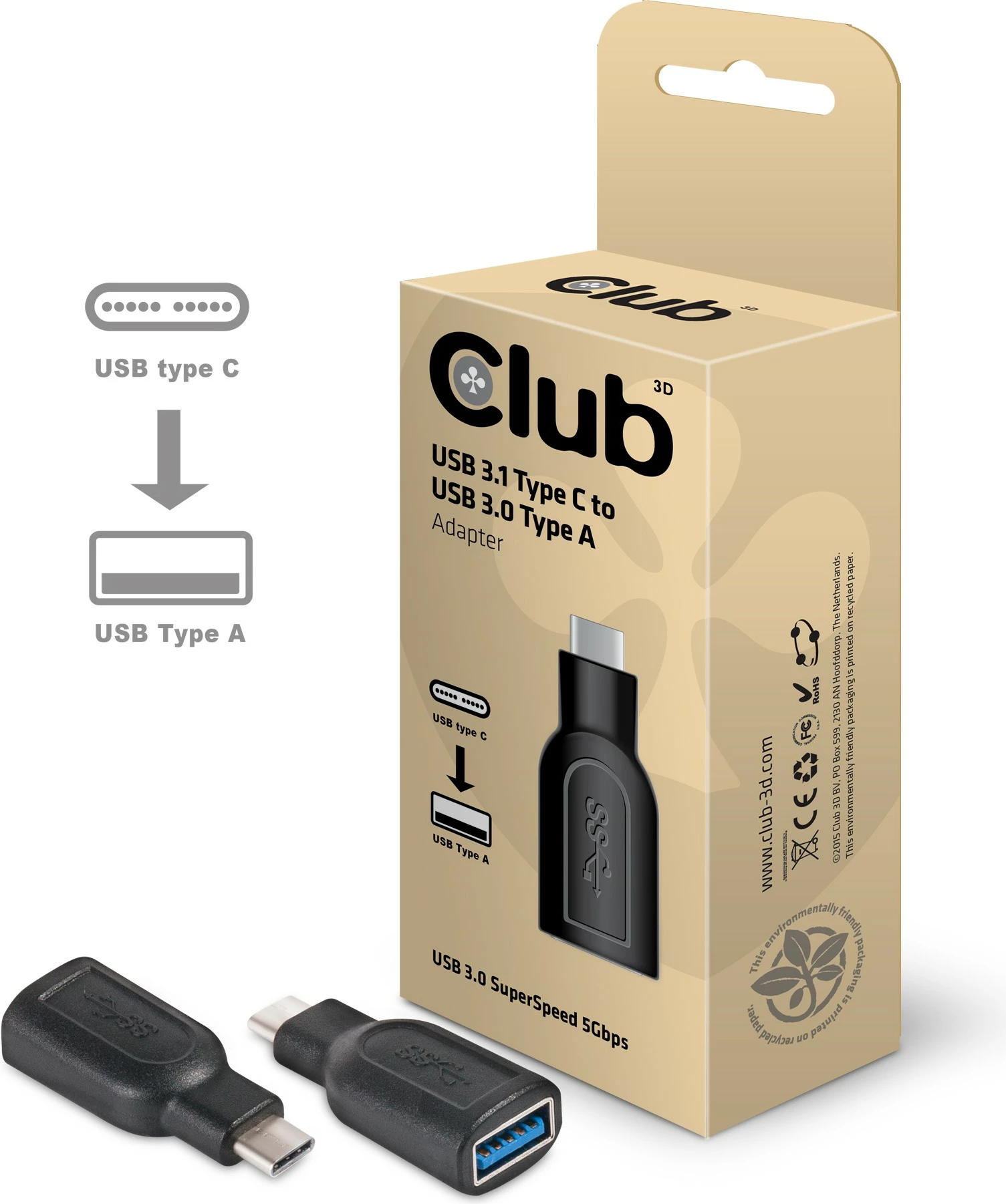 Adapter USB-C në USB 3.0 Club3D, i zi