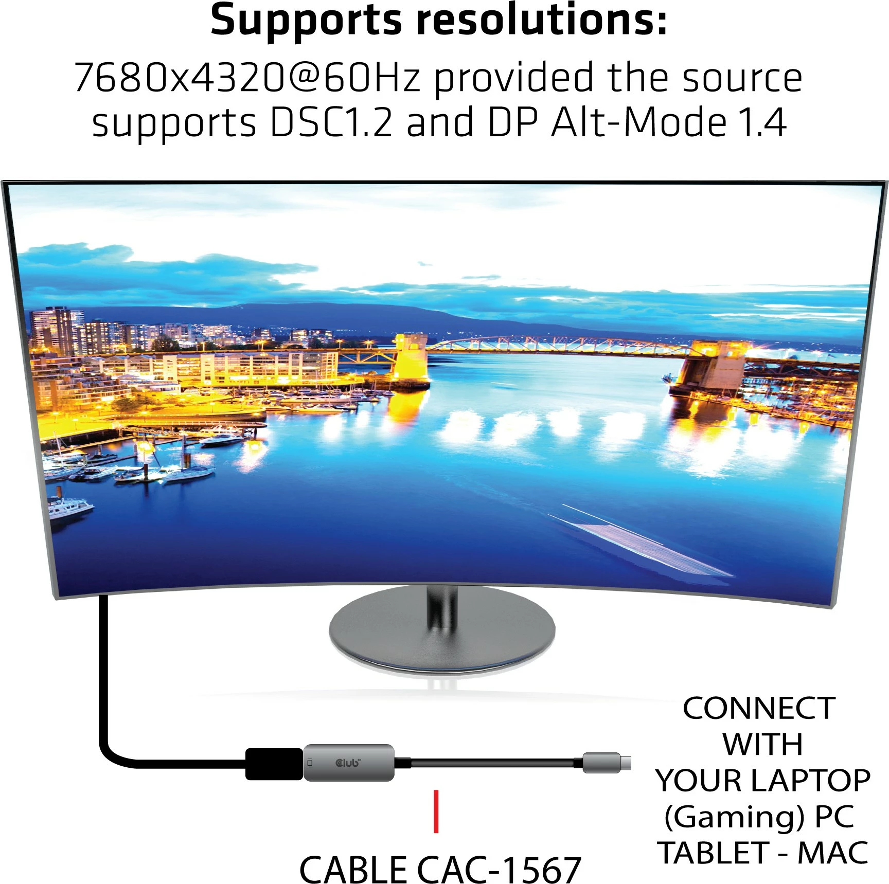 Adapter Club3D USB Type-C në DisplayPort 1.4, 8K60Hz, i zi/argjendtë