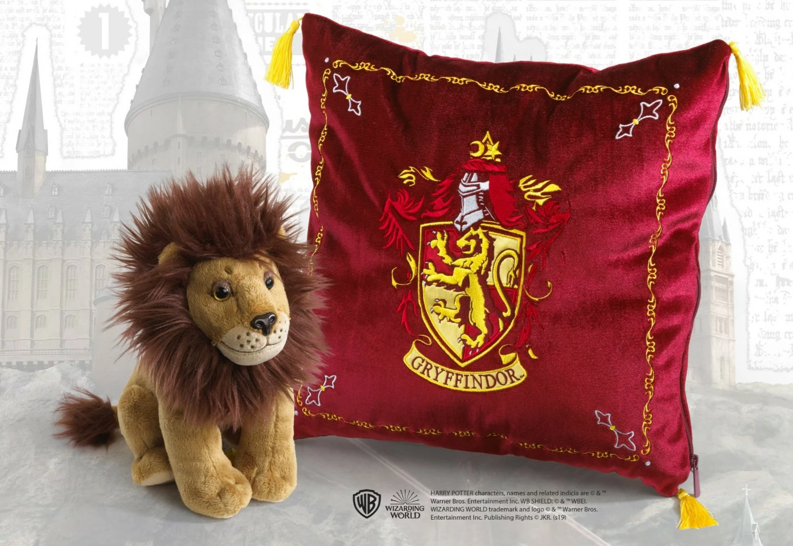 Jastëk me lodër pelushi Noble Collection Harry Potter Gryffindor 34x34 cm, set me luan pelushi, e kuqe