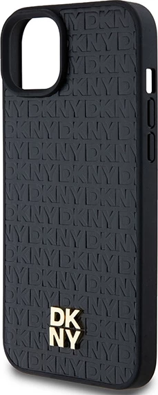 Mbështjellës DKNY Leather Monogram Pattern Metal Logo MagSafe për iPhone 15 Plus / 14 Plus, i zi