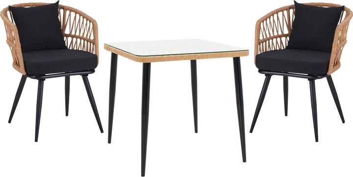 Set tavoline Naoki, 3 pjesë, metal, ngjyrë e zezë-pe natyrale-xham, 80x80x78cm