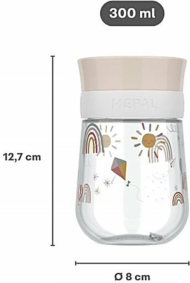 Gotë trajnimi për fëmijë Mepal Mio 300 ml, kapak 360°, pa dorezë, pa BPA, Fairy Garden, pink