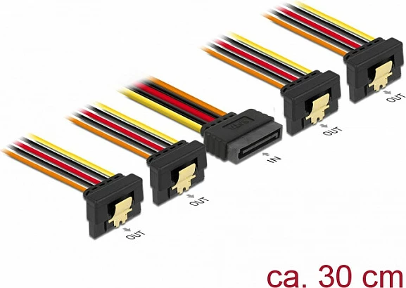 Kabllo furnizimi SATA DeLOCK 60167, 1x SATA 15-pin në 4x SATA 15-pin, 0.3 m, gold-plated, zezë/kuqe/verdhe