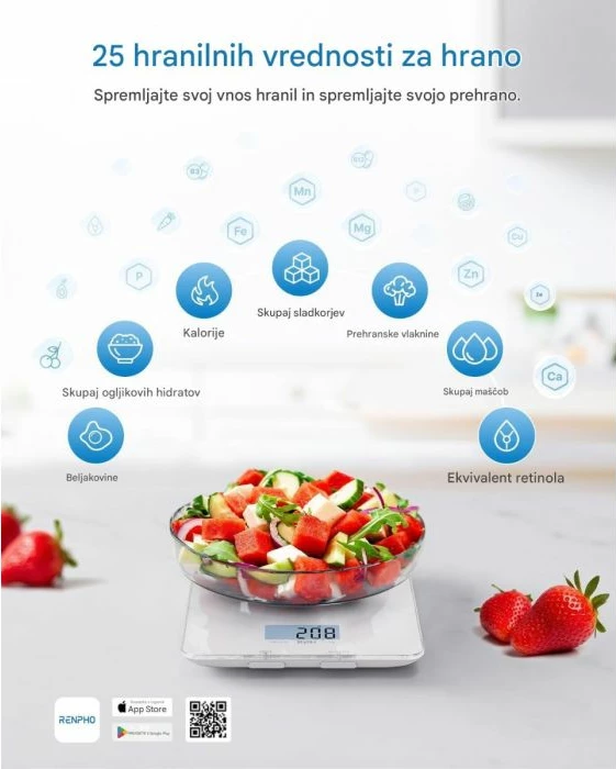 Peshore ushqimore smart RENPHO Calibra, Bluetooth BLE, max 5 kg, 1 g, 3x AAA, argjendtë