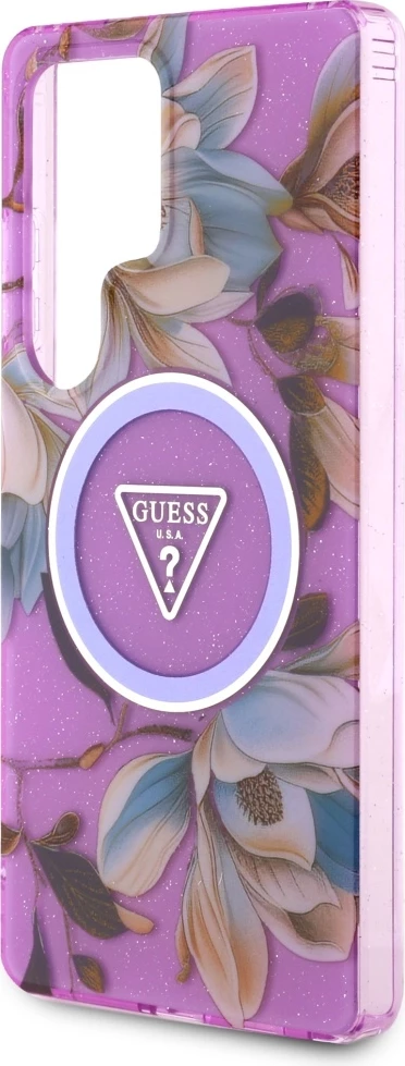 Mbështjellës Guess Glitter Flowers Triangle Buttons MagSafe për Samsung Galaxy S25 Ultra, me MagSafe, vjollcë