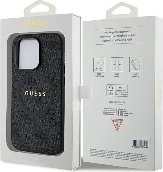 Mbështjellës Guess 4G Collection Leather Metal Logo MagSafe për iPhone 14 Pro Max, e zezë