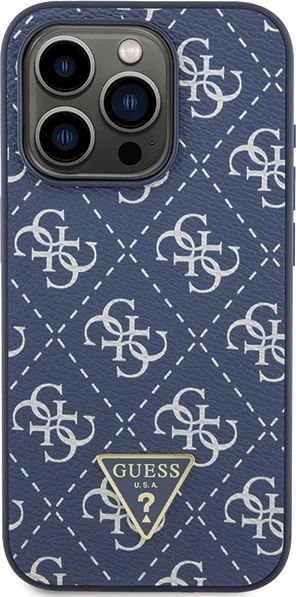 Mbështjellës Guess 4G Triangle Metal Logo GUHCP15XPG4GPB për iPhone 15 Pro Max 6.7", hardcase, TPU/PC/Eko-lëkurë, blu, në kuti