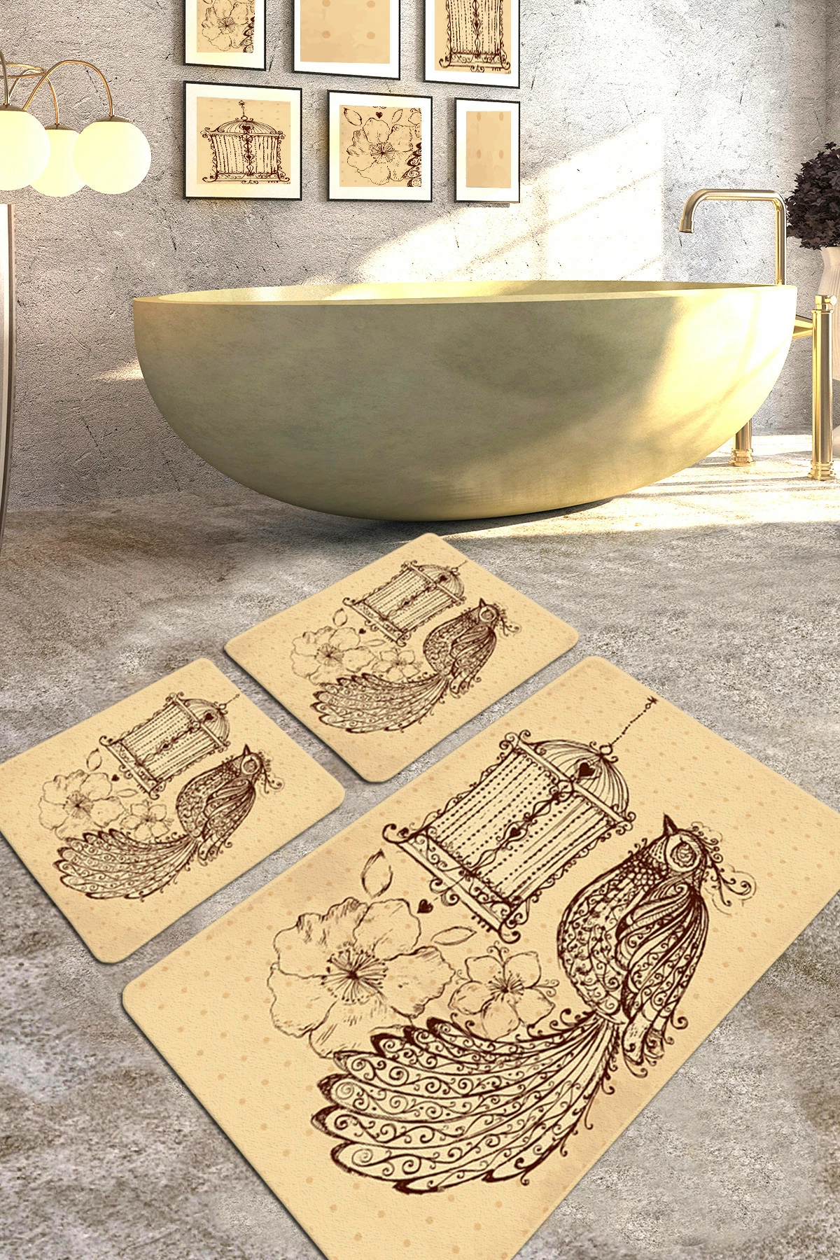 Set tapetesh për banjo (3 copë), Mijölnir, Malurus, ngjyrë camel dhe kafe