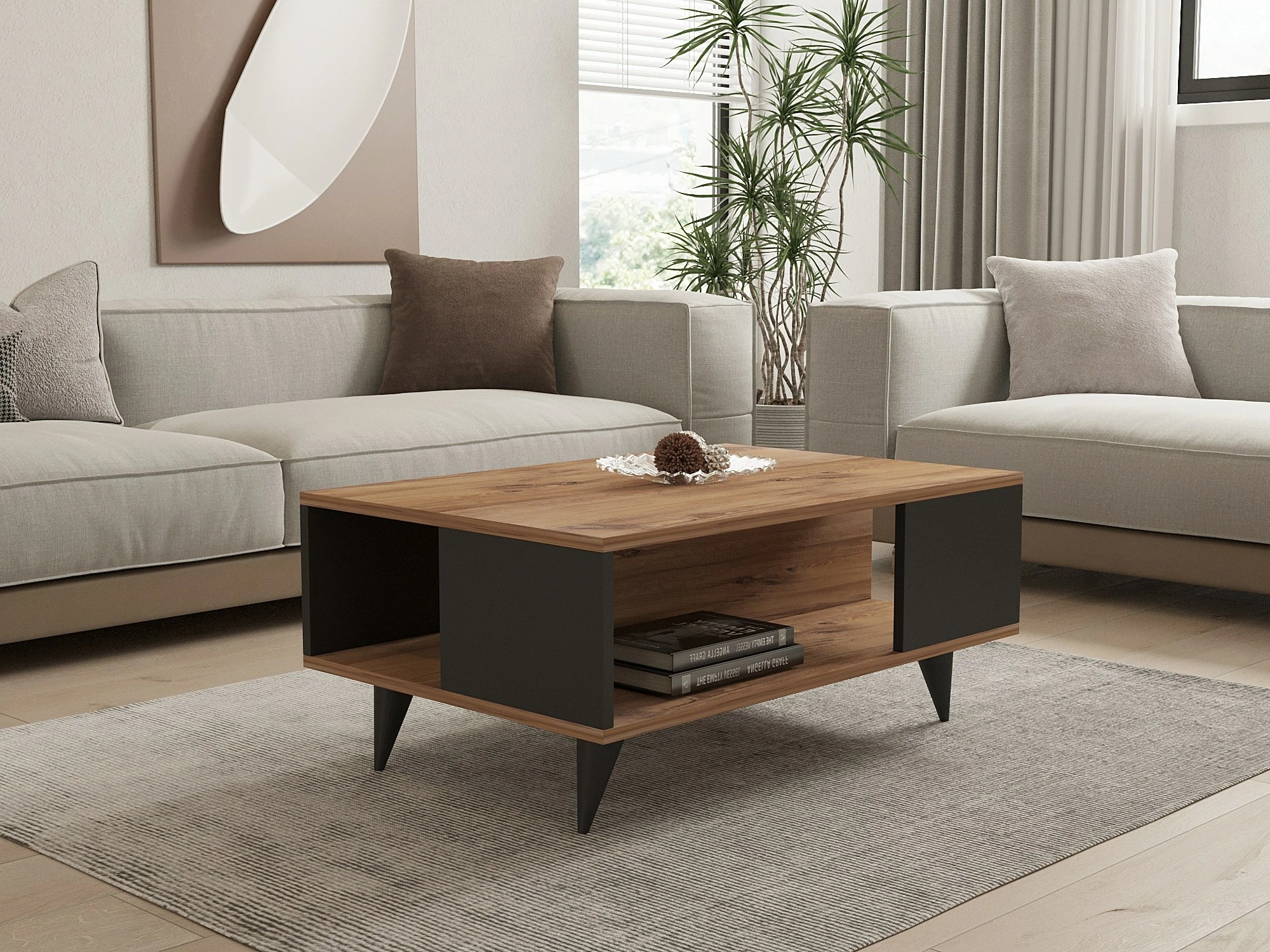 Tavolinë kafeje dy kate, ngjyrë arrë dhe e zezë, Hanah Home Yuka