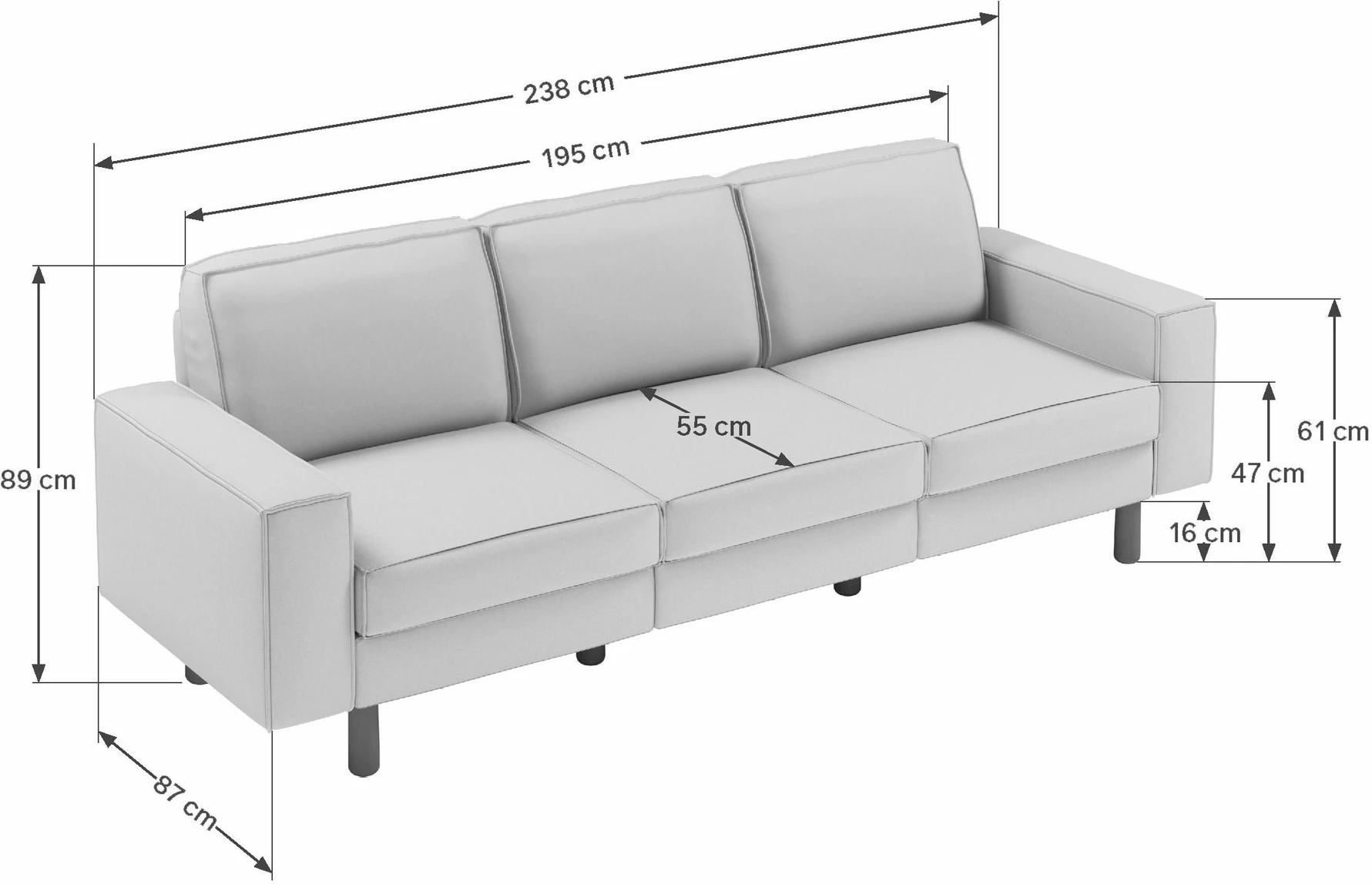 Divan treshe Atelier del Sofa, ngjyrë gri mjegull, këmbë dru arre