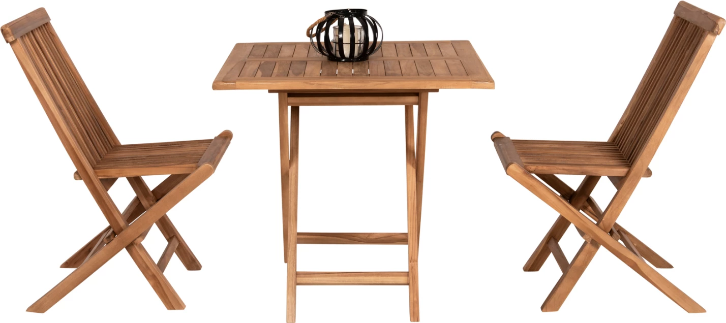 Tavolinë me karrige për terasë, 3 copë, palosëse, Kendall, dru tik, ngjyrë natyrale