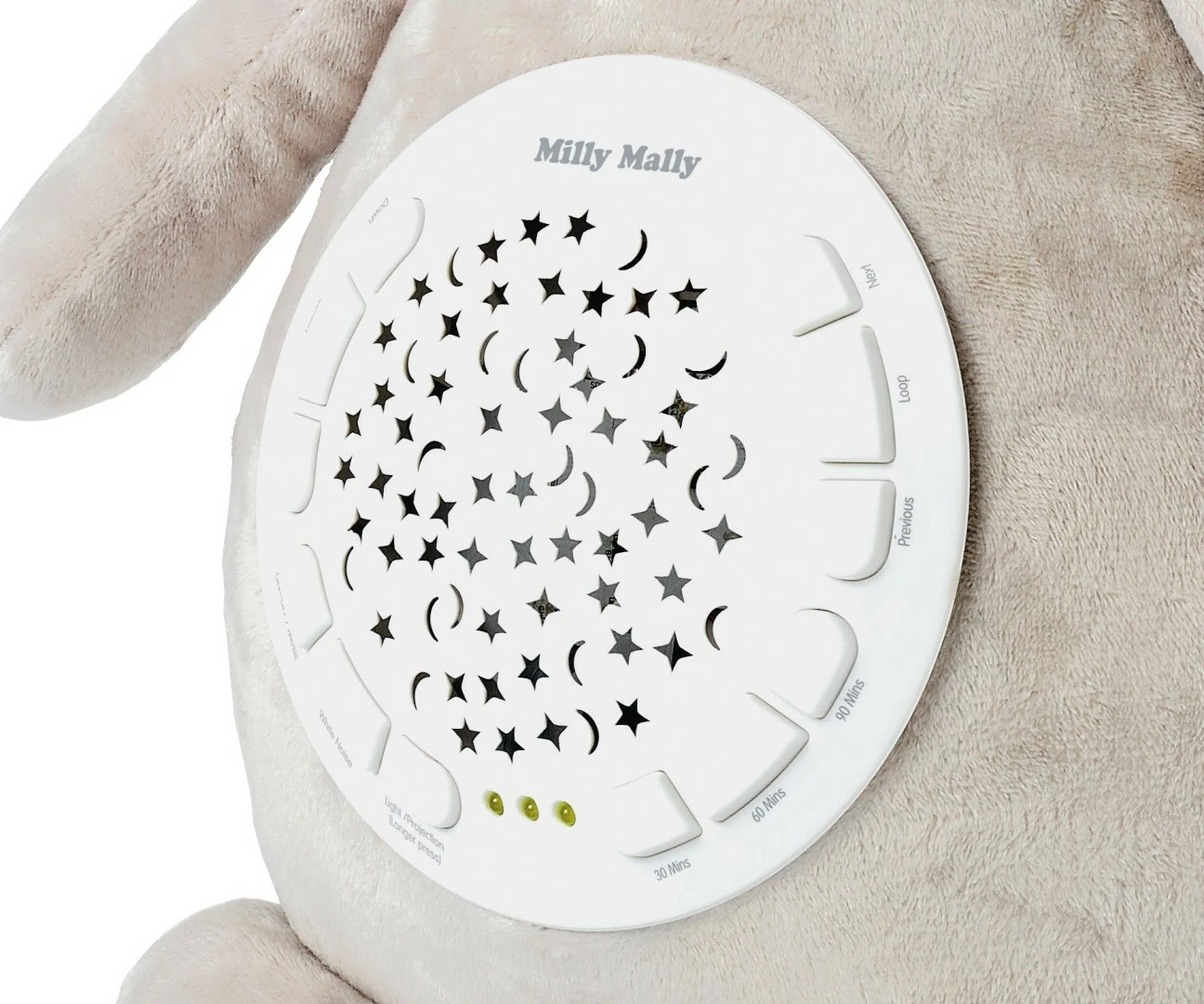 Lodër pelushi me projektor koala, Milly Mally 5661, 10 melodi, 5 zhurma të bardha, timer 30/60/90 min, 7 drita, gri/bardhë