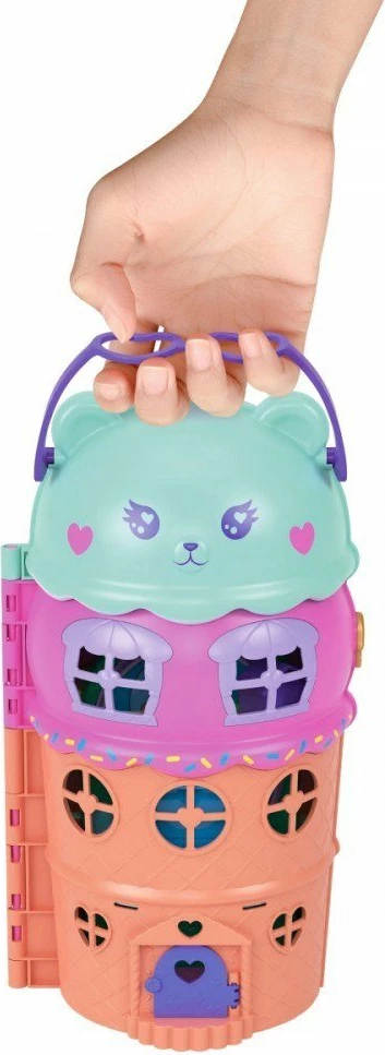 Shtëpizë kukullash Mattel Polly Pocket Ice Cream Cone House JFT91, 4 kate, me pishinë dhe ashensor, shumëngjyrëshe, set me 2 mikro kukulla + 25+ aksesorë