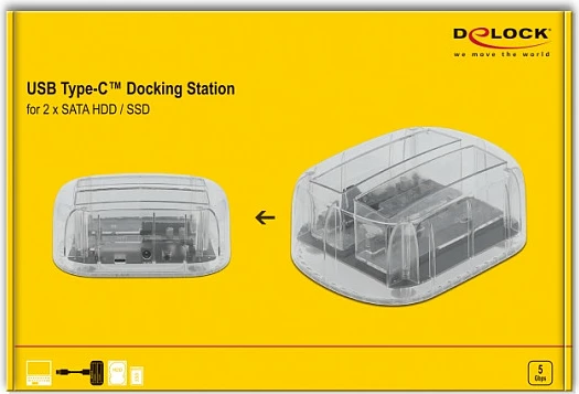 Docking station DeLOCK USB-C për 2x SATA HDD/SSD 2.5/3.5", USB 3.2 Gen 1, transparente