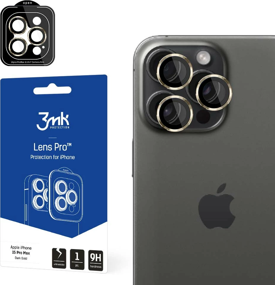 Mbrojtës lentash 3mk Protection Lens Protection Pro për iPhone 15 Pro Max, kornizë e artë