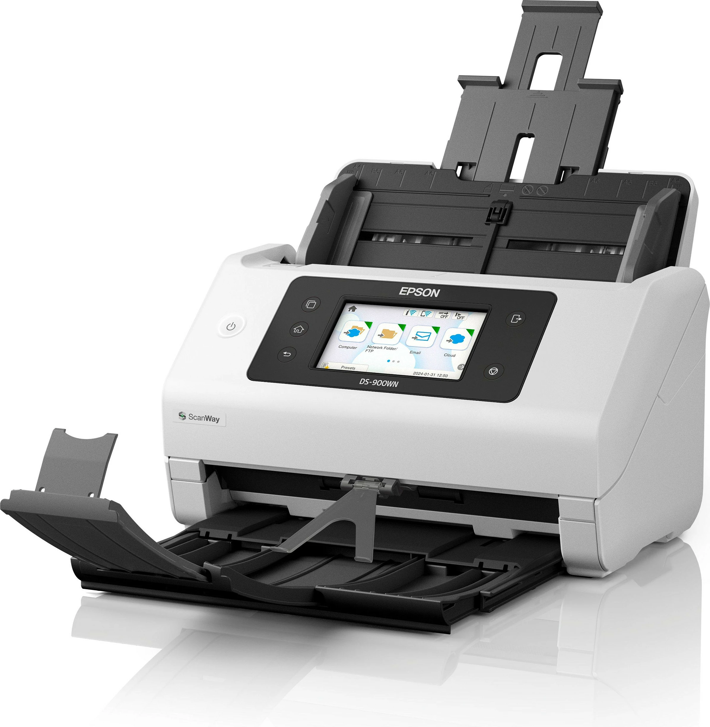 Skaner Epson WorkForce DS-900WN, A4/A3, ADF 100 fletë, Wi‑Fi/Ethernet, 70ppm/140ipm, bardhë