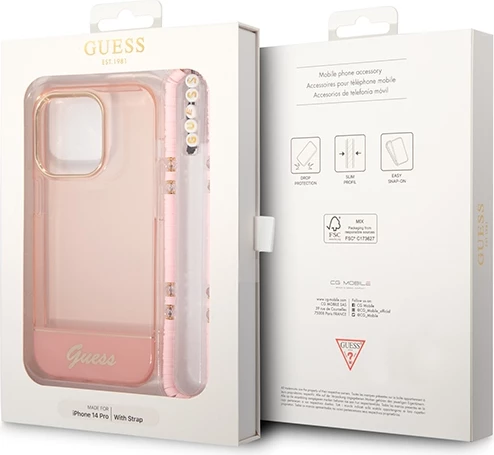Mbështjellës Guess GUHCP14LHGCOHP për iPhone 14 Pro 6.1", hardcase, Translucent Pearl Strap, rozë