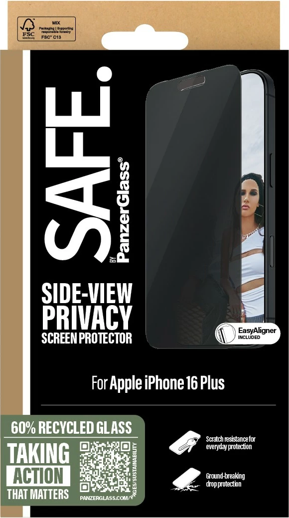 Mbrojtës ekrani PanzerGlass SAFE Privacy për iPhone 16 Plus, transparent