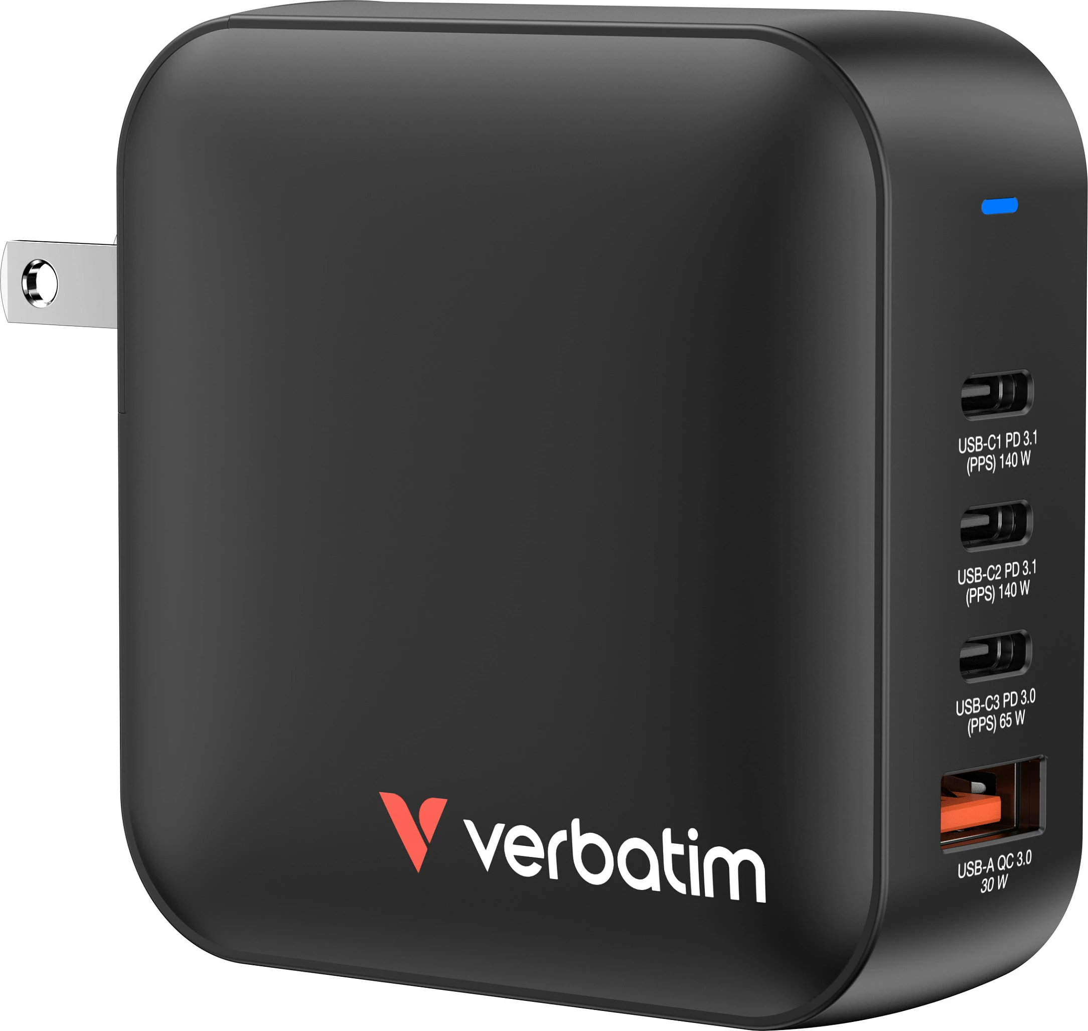 Karikues Verbatim Mini GaN 165W, 4 porta USB-C/USB-A, PD 3.1 140W, QC 3.0, me adaptor EU/UK, i zi
