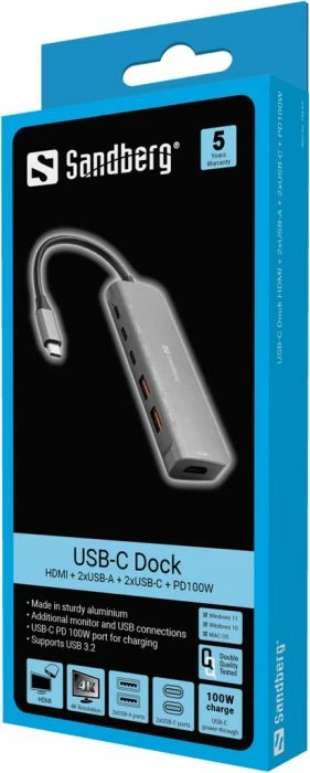 Stacion dokimi USB-C SANDBERG 136-65, HDMI, 2x USB-A, 2x USB-C, PD 100W, 4K/60Hz, argjend