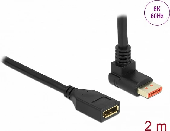 Kabllo zgjatëse DisplayPort DeLOCK, DP mashkull në DP femër 90° e kënduar, 2 m, 8K 60 Hz, e zezë